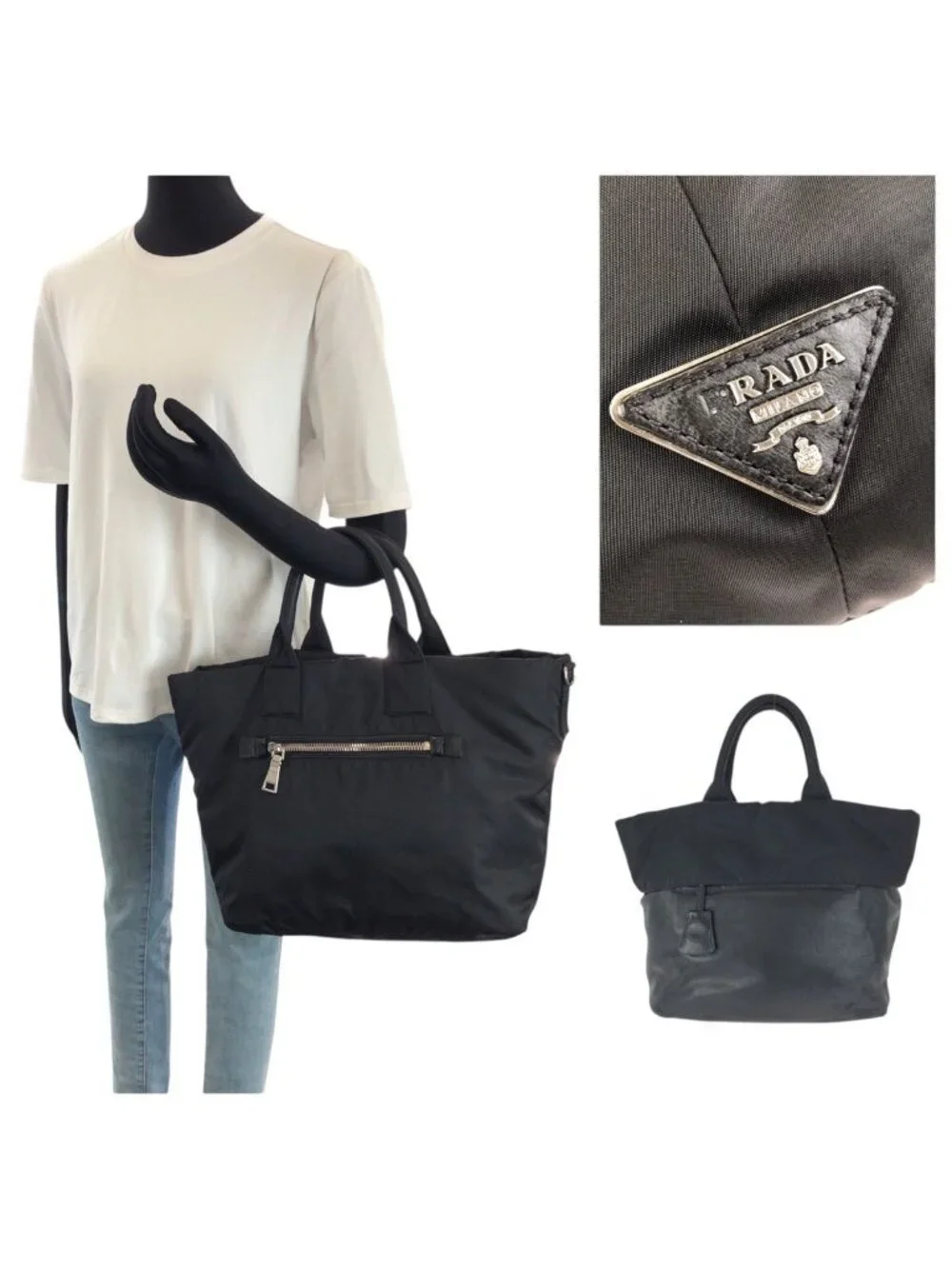 Prada Tessuto Double 2-Way Reversible Black Silver Nylon Leather Tote